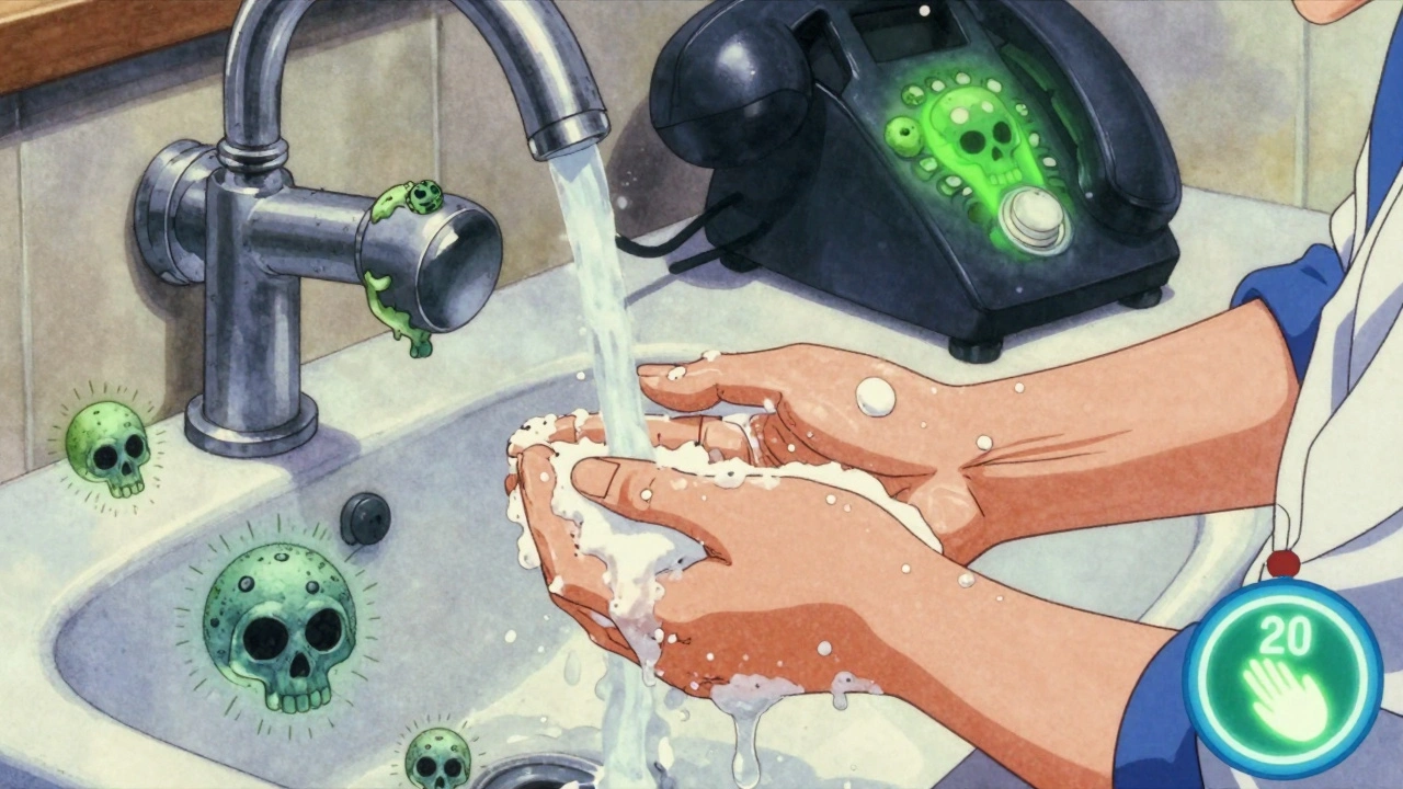 Healthcare worker washing hands with soap as C. diff spores are washed away from surfaces.