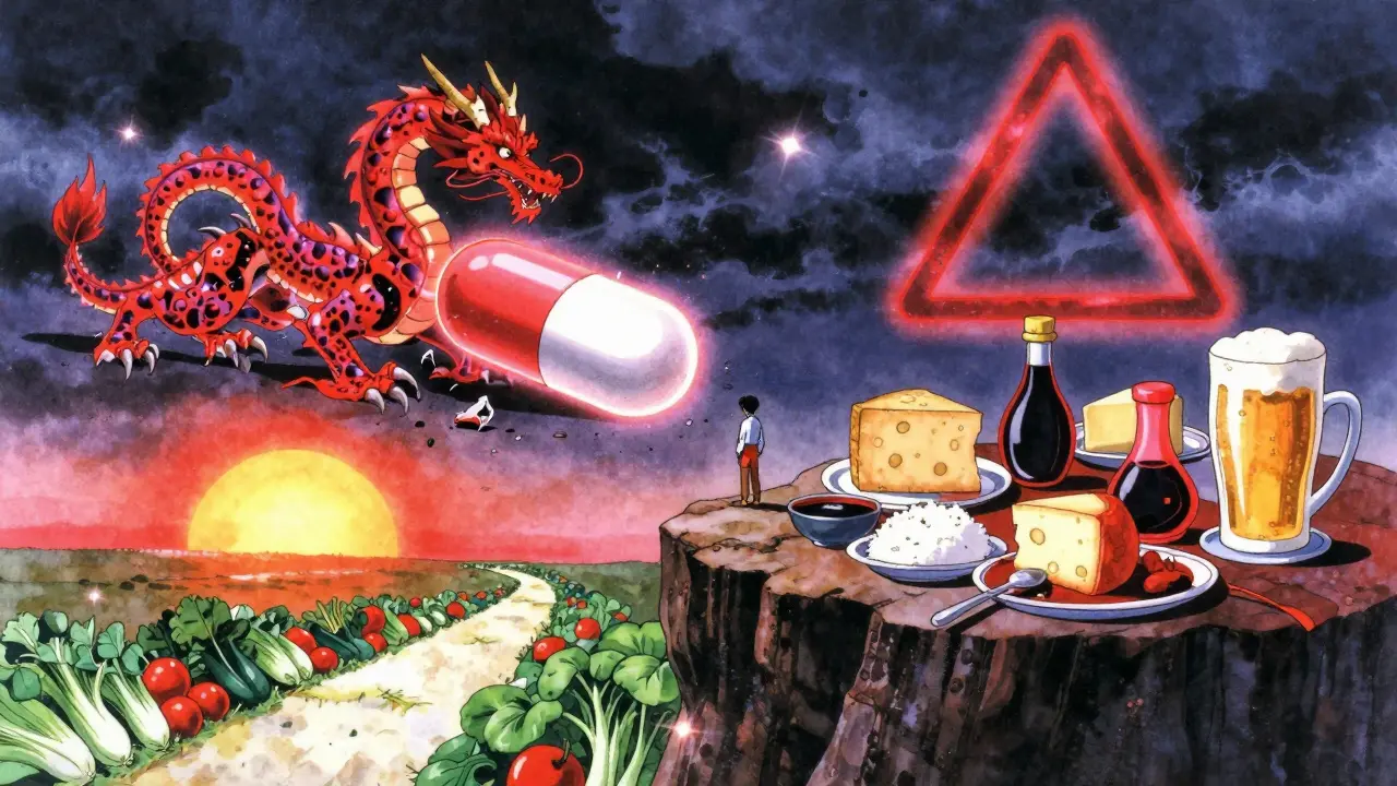 Human figure safe on path of fresh food, while deadly tyramine banquet crumbles beneath a defeated enzyme dragon.