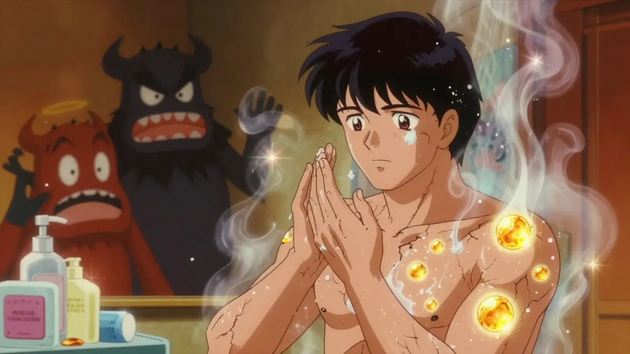 Man applying moisturizer as glowing ceramides repair skin in retro anime style