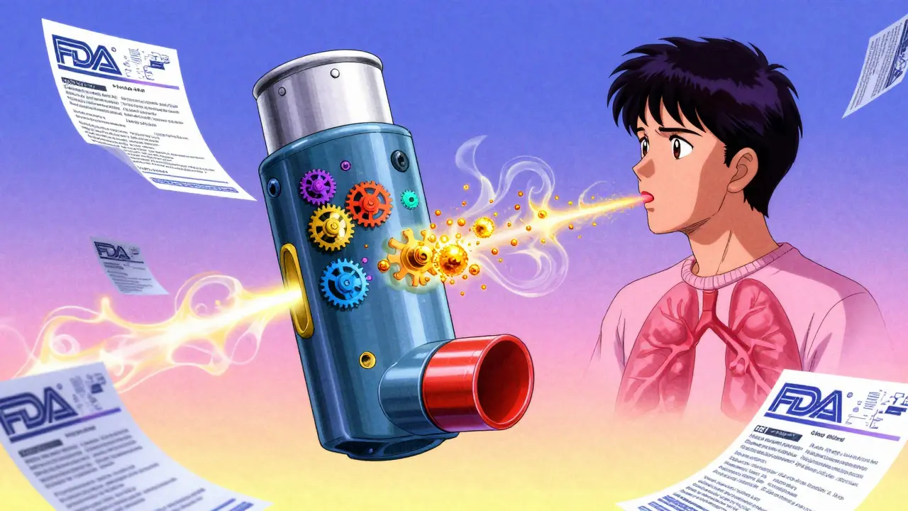 Microscopic inhaler device with colorful drug particles entering a patient's lungs