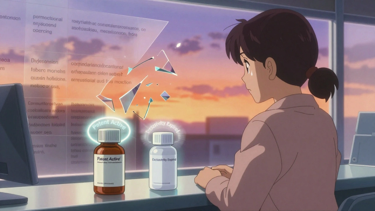 Patient at pharmacy facing branded drug and generic, patent wall crumbling behind them.