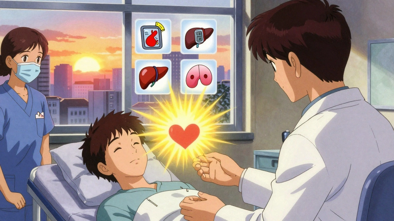 Patient celebrating improved health metrics at sunrise, with floating icons of better biomarkers in retro anime style.