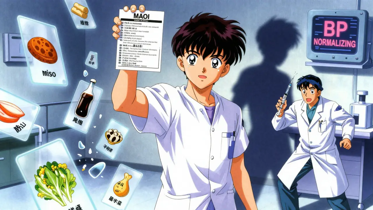 Patient holding MAOI warning card in ER as forbidden foods shatter around them