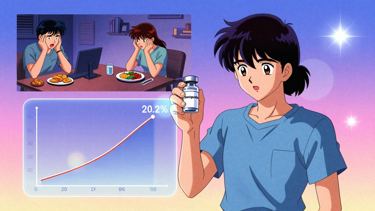 Patient holding weight-loss medication beside a glowing graph, with emotional triggers fading into healthy habits.