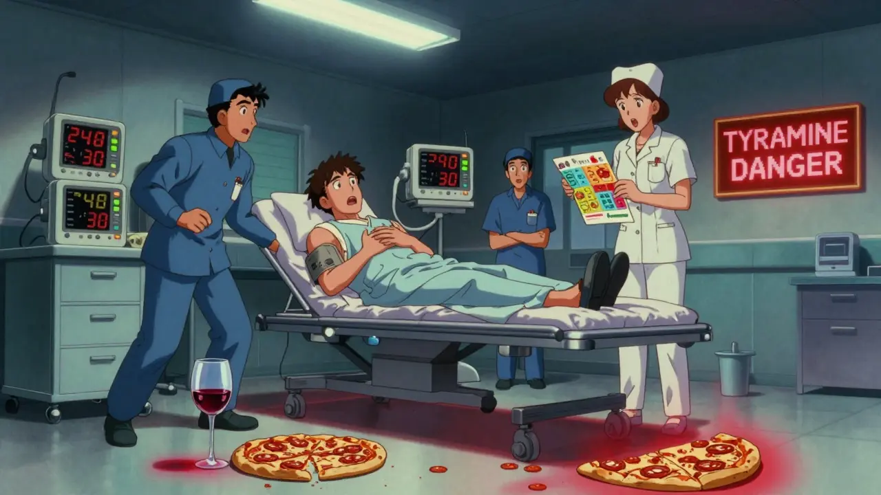 Patient in ER with extreme hypertension, spilled wine and pepperoni on floor, medical staff rushing.