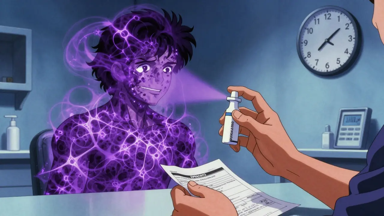 Patient receiving SPRAVATO nasal spray with dissociative fractal patterns in a clinic, retro anime style.