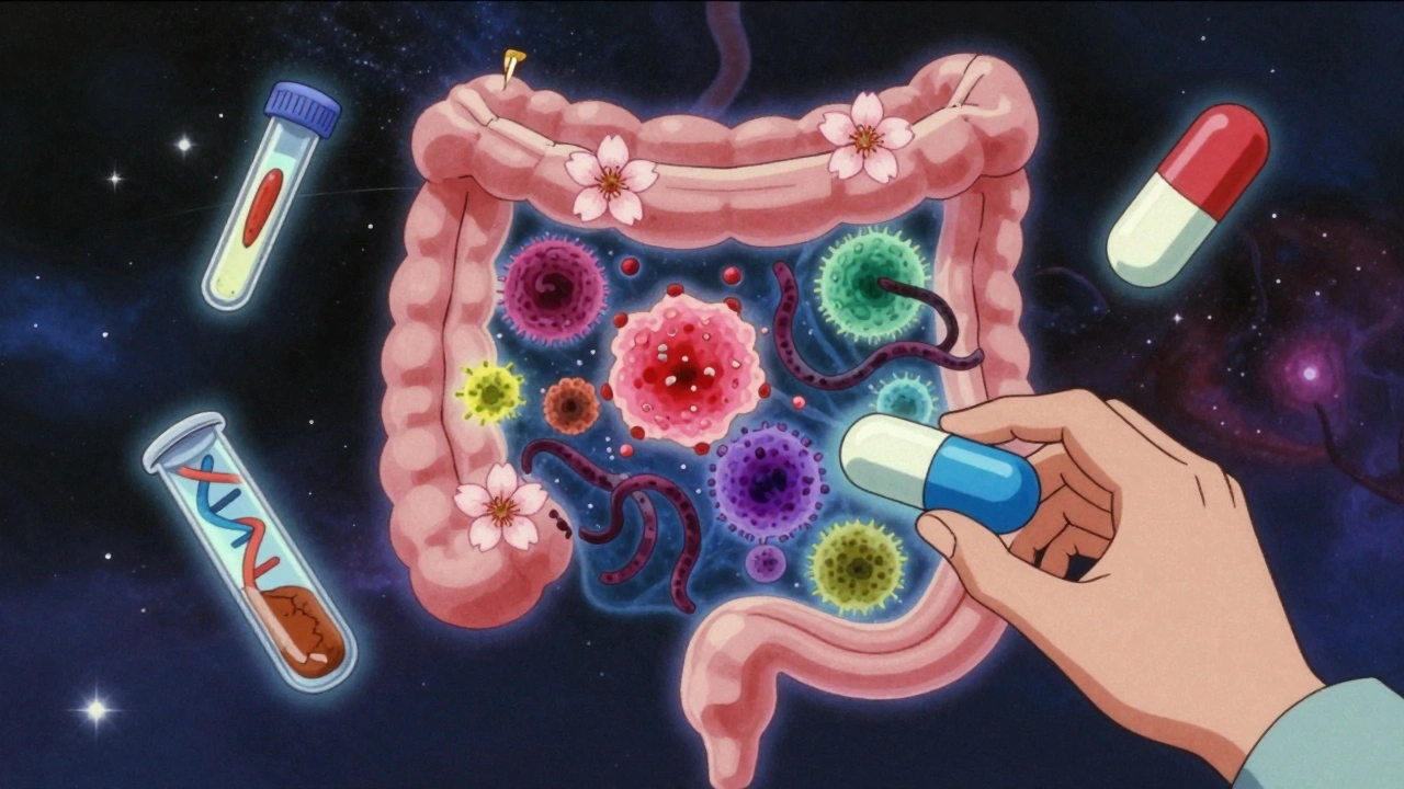 Patient swallowing a capsule as healthy microbes bloom inside their gut, replacing harmful bacteria.