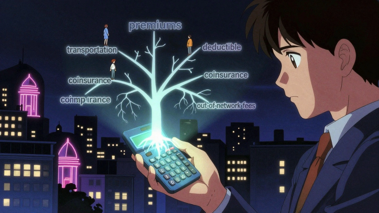 Person holding a calculator projecting a cost tree with therapy-related expenses as branches.