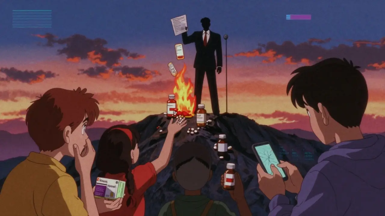Pharmaceutical executive burning brand labels as patients reach for pills worldwide, in vintage anime style with glowing details.