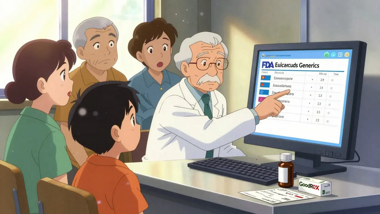 Pharmacist showing FDA authorized generics list to patients in warm sunlight, retro anime aesthetic.