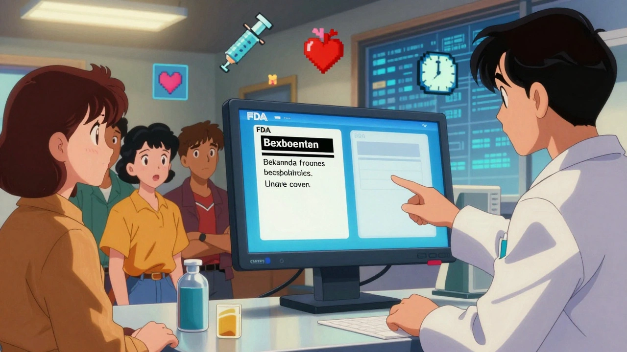 Pharmacist shows patient two drug labels—one updated, one outdated—on a digital screen in retro anime style.