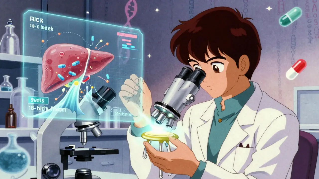 Scientist analyzing stool sample projecting liver injury risk map in retro anime style.