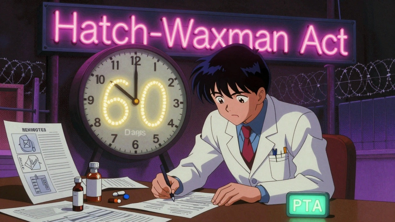 Scientist signing papers under neon Hatch-Waxman sign, clock counting down 60 days.