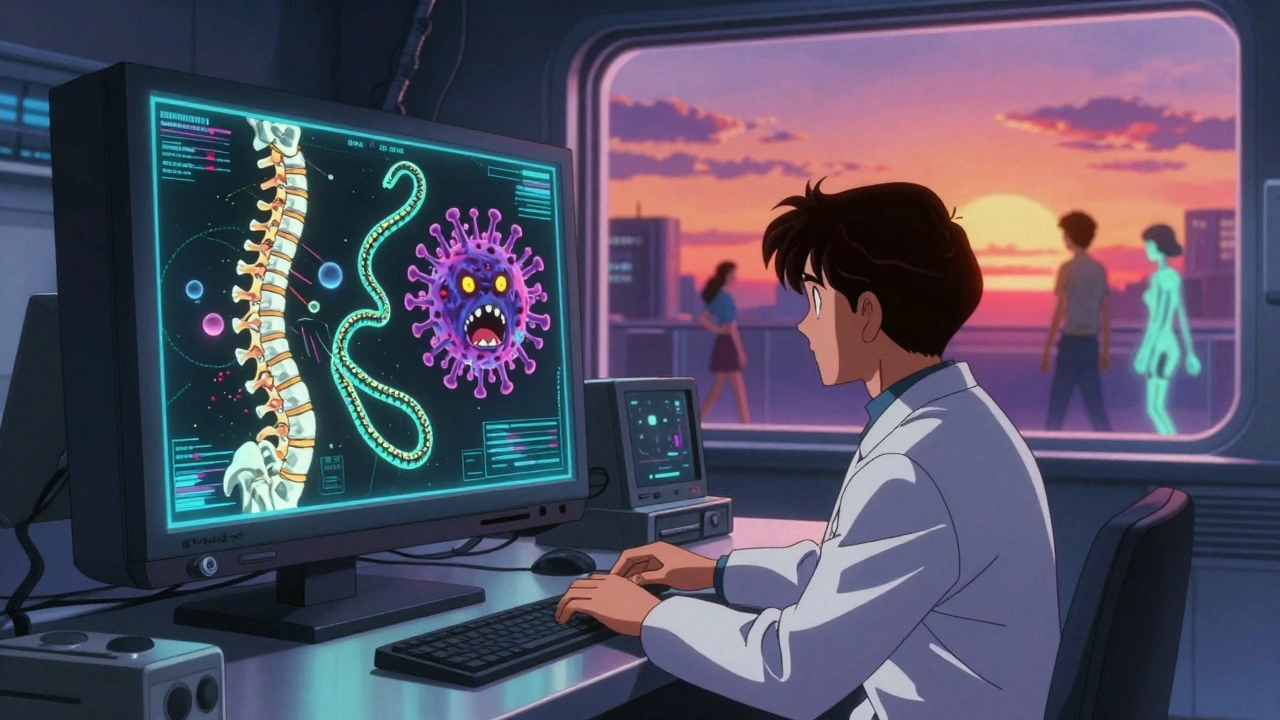 Scientists watching a hologram of bone healing as RNA strands silence a cancer protein, patients walking under a sunrise.