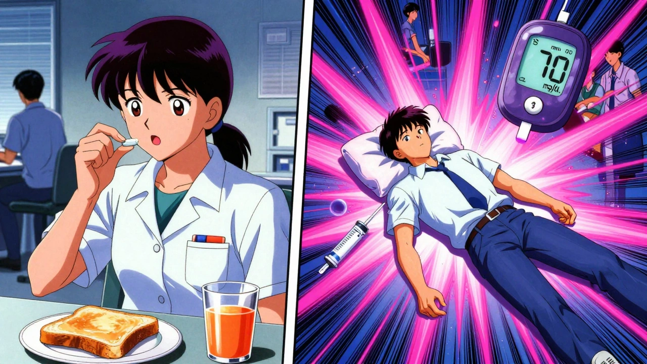 Shift worker taking pill then collapsing, blood sugar monitor flashing low, coworkers blurred in background.