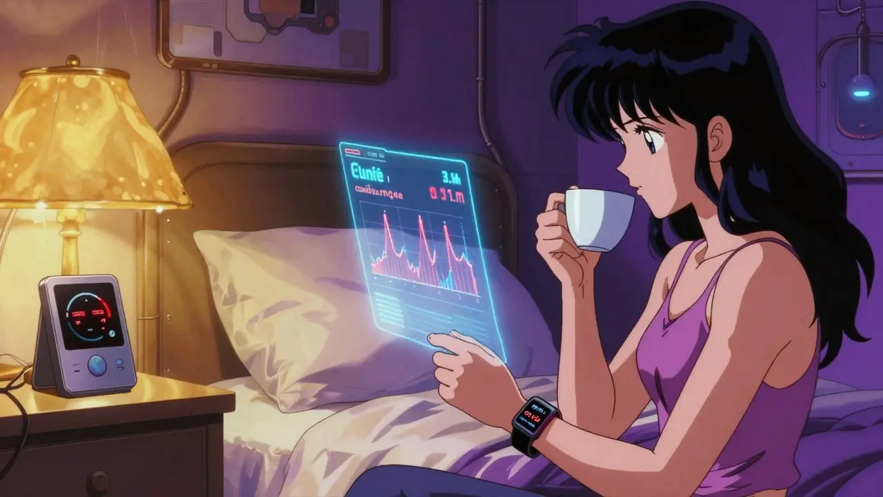 Smart bedroom with holographic caffeine tracker and devices adjusting as wristband detects afternoon espresso.
