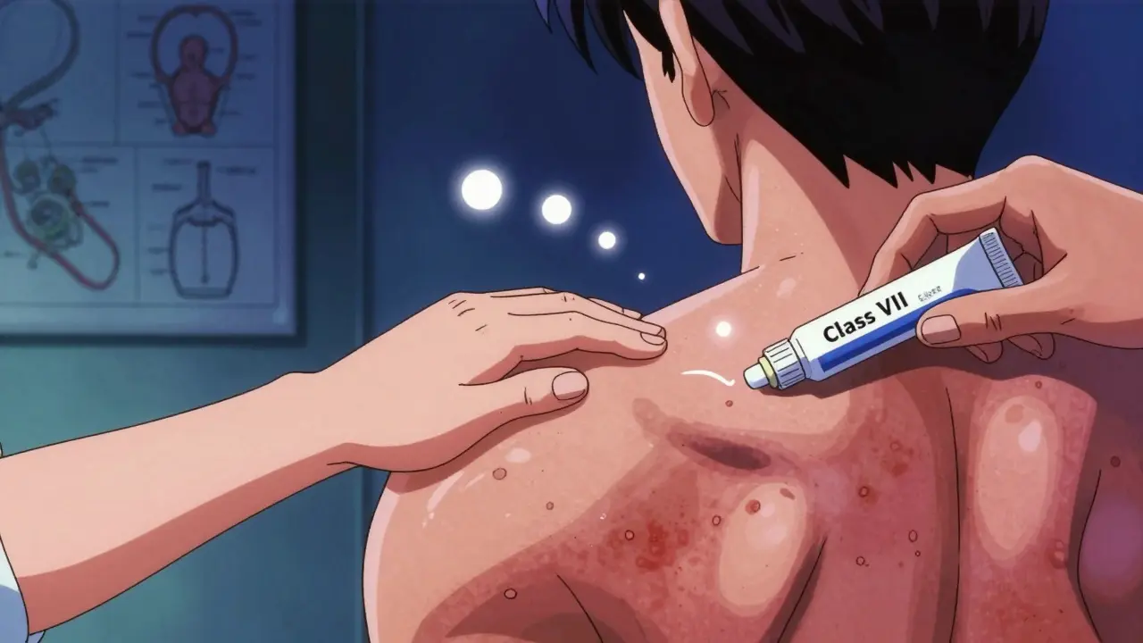 Split image showing mild steroid use on child’s arm versus potent steroid use on adult’s back with FTU markers.