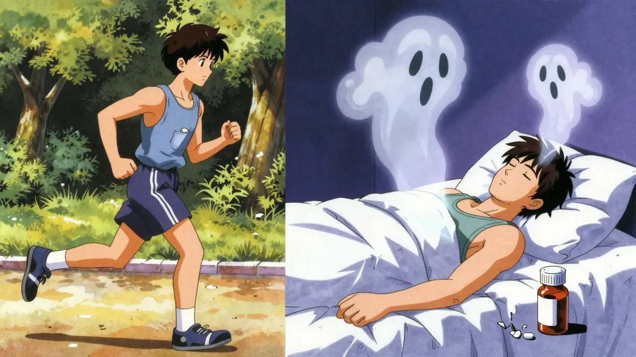 Split scene: healthy person jogging vs. collapsed patient with ketone clouds, retro anime style.