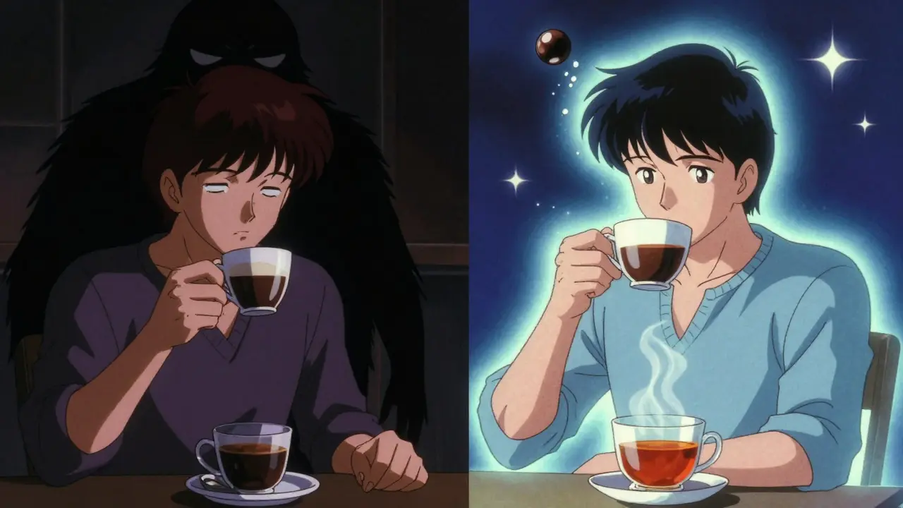 Split-screen: man drinking espresso at night with shadowy sleep monster vs. drinking tea with calming aura.