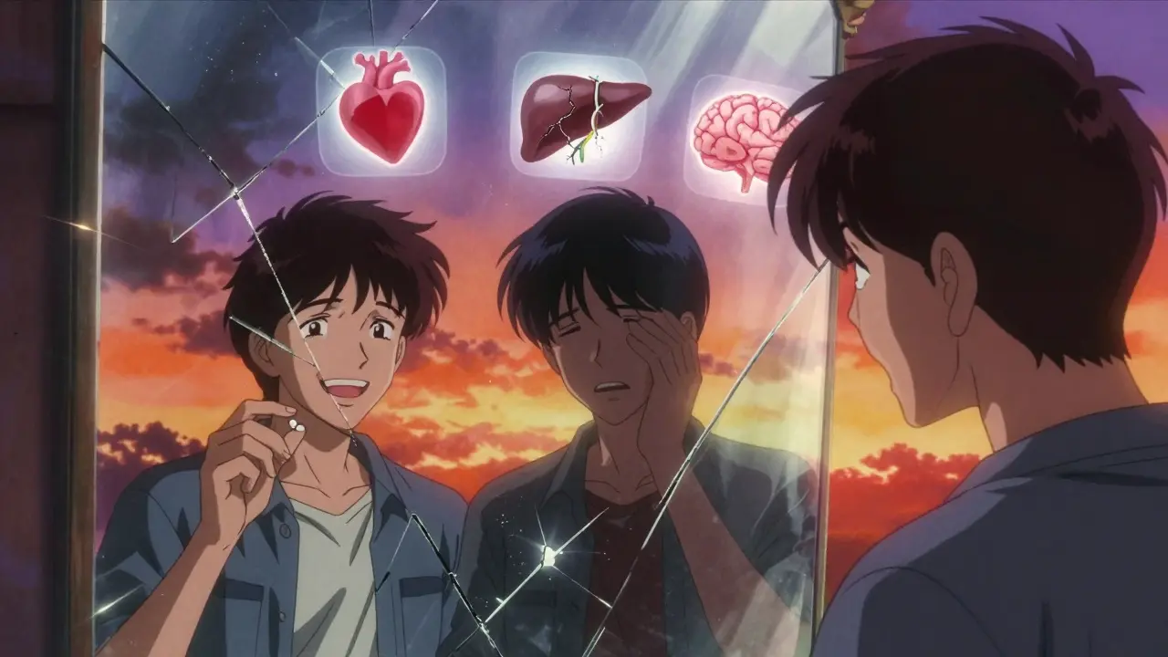 Three versions of a person reflecting their physical, emotional, and mental decline.