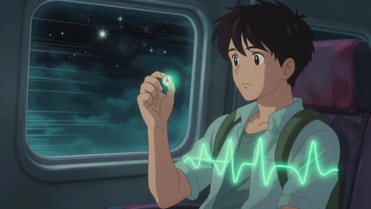 Traveler on a flight taking melatonin, glowing compass pointing east, stars streaking past in retro anime style.