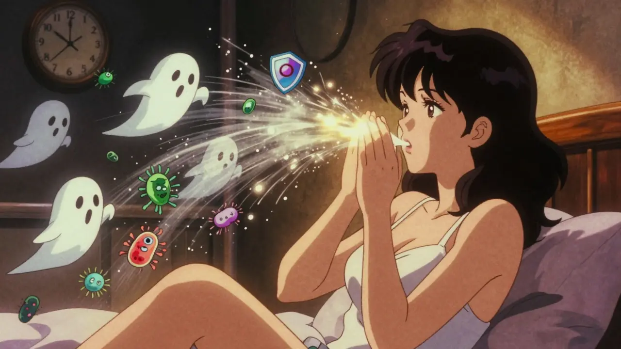 Woman peeing after sex as golden water flushes away bacteria in vintage anime style