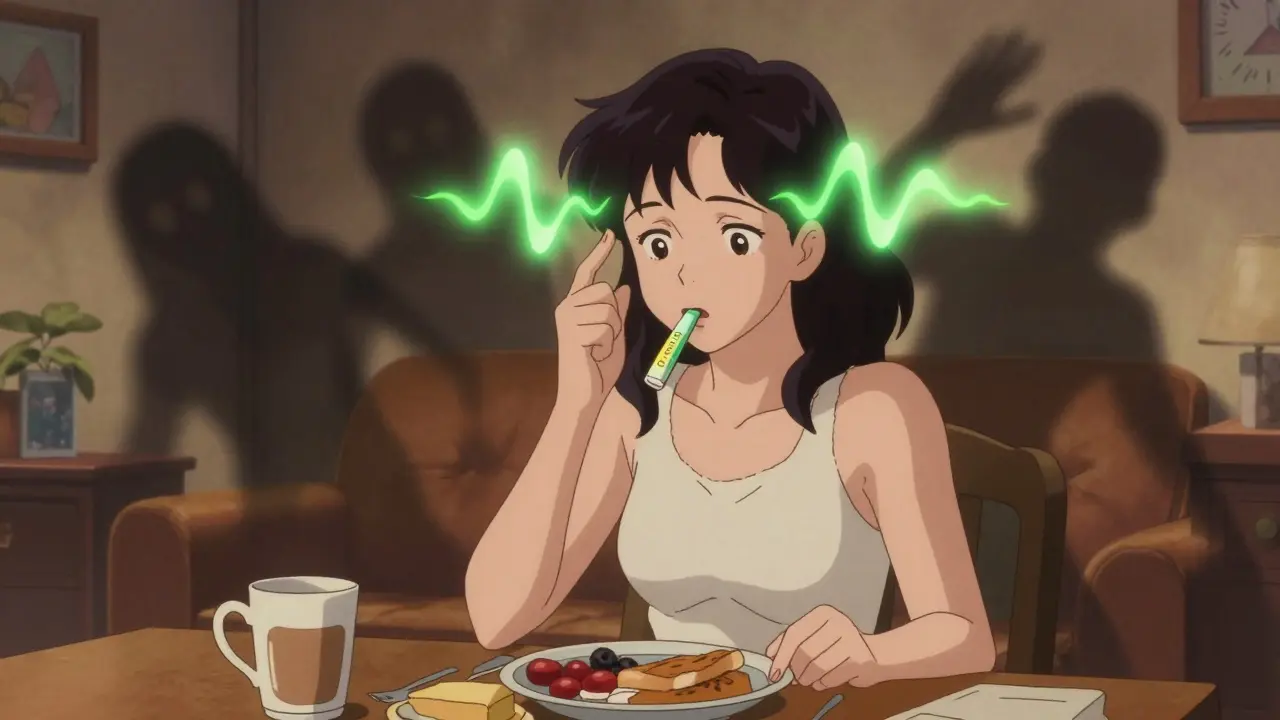 Woman taking Zuranolone at breakfast with calming GABA energy radiating in retro anime style.