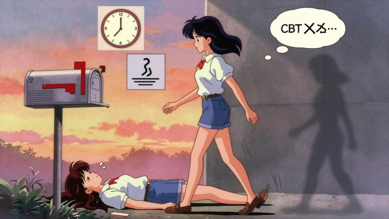 Woman walking to mailbox with past self behind her, CBT tools floating around