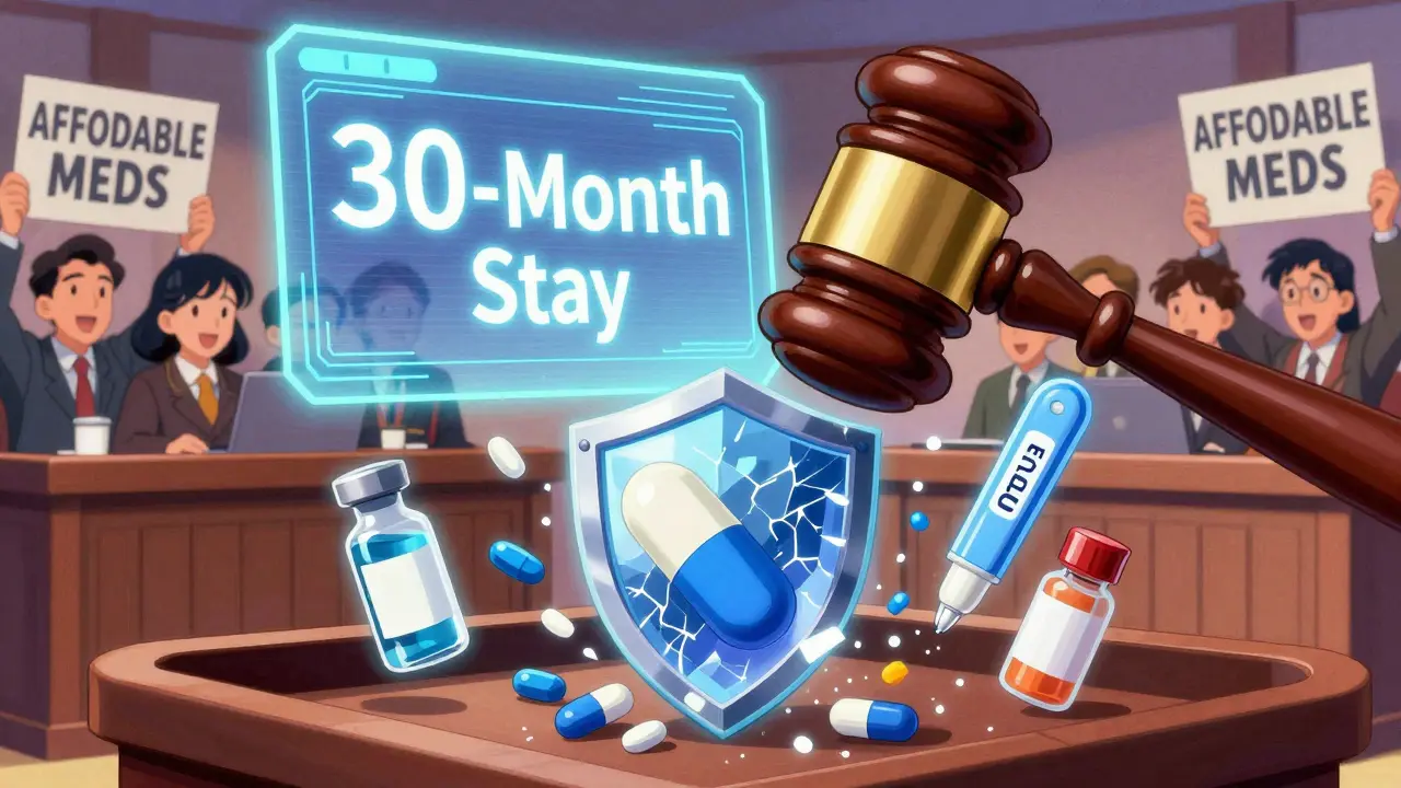 A courtroom battlefield where a tablet shatters a patent shield, with insulin vials and cancer drugs floating nearby.