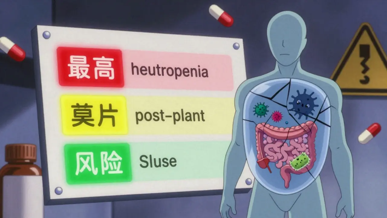 A medical risk chart with color-coded categories and microbes escaping the gut, rendered in retro anime style.