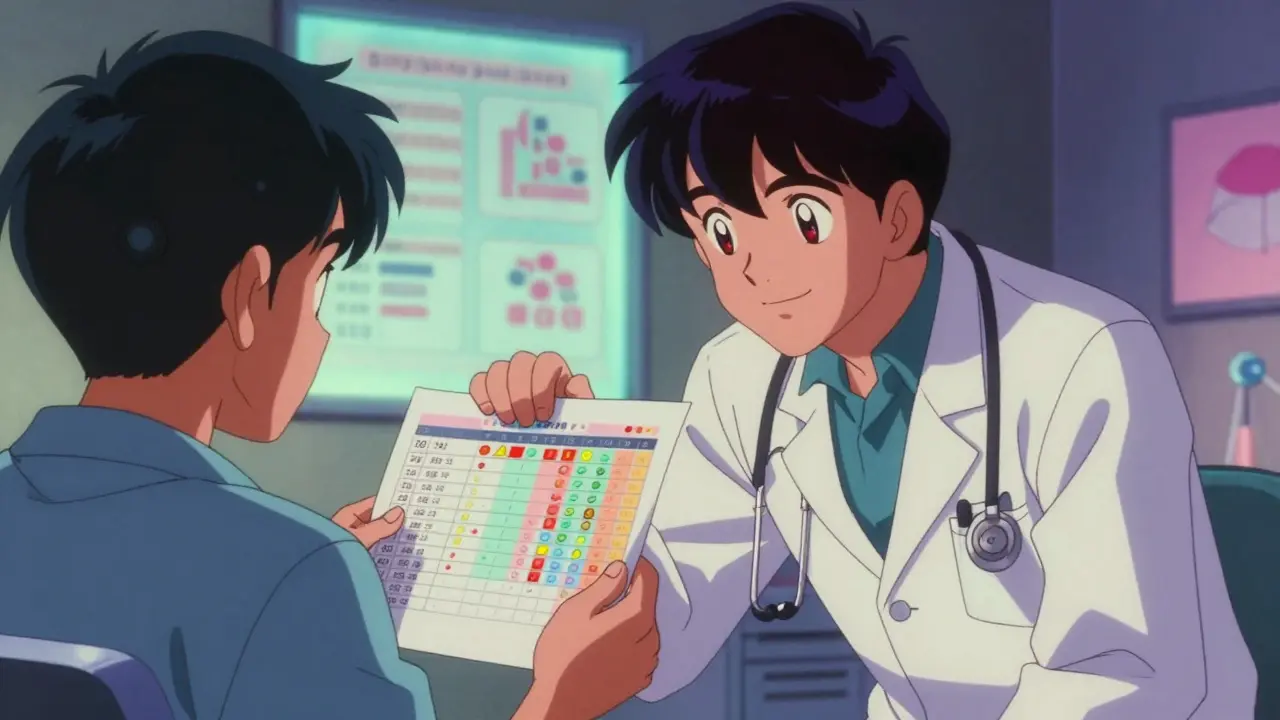 A patient showing a symptom spreadsheet to a doctor in a clinic, hopeful expressions.