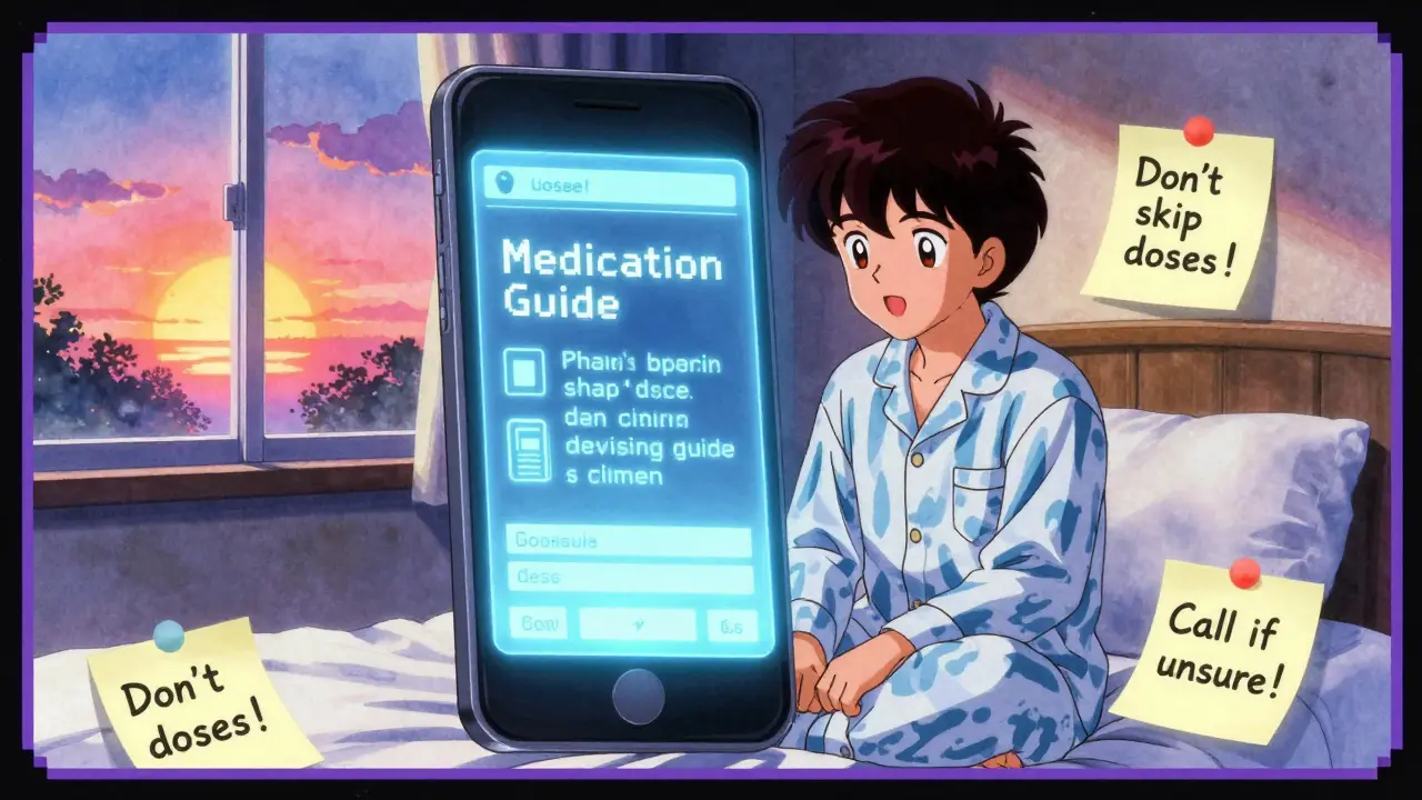 A person in pajamas viewing a digital medication guide on their phone, surrounded by handwritten reminders.