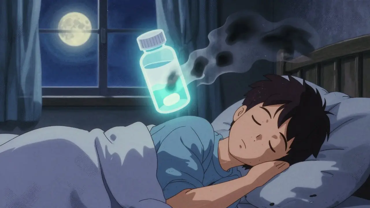 A person sleeping as side effects fade away, glowing medication bottle above the bed.