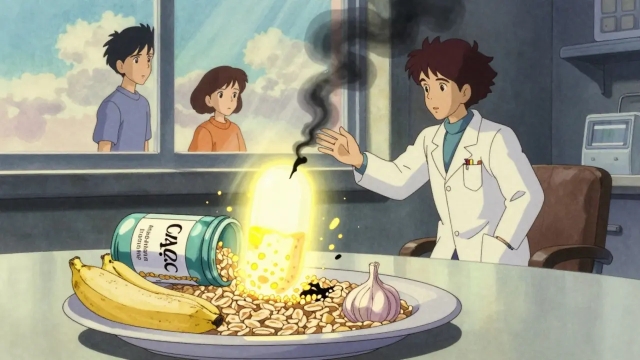 A postbiotic capsule releasing golden light over healthy foods, while a broken probiotic bottle shatters behind it.