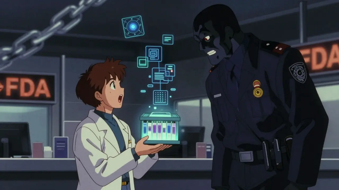 A researcher faces a towering FDA inspector at an airport checkpoint, with glowing blockchain and AI elements in the background.