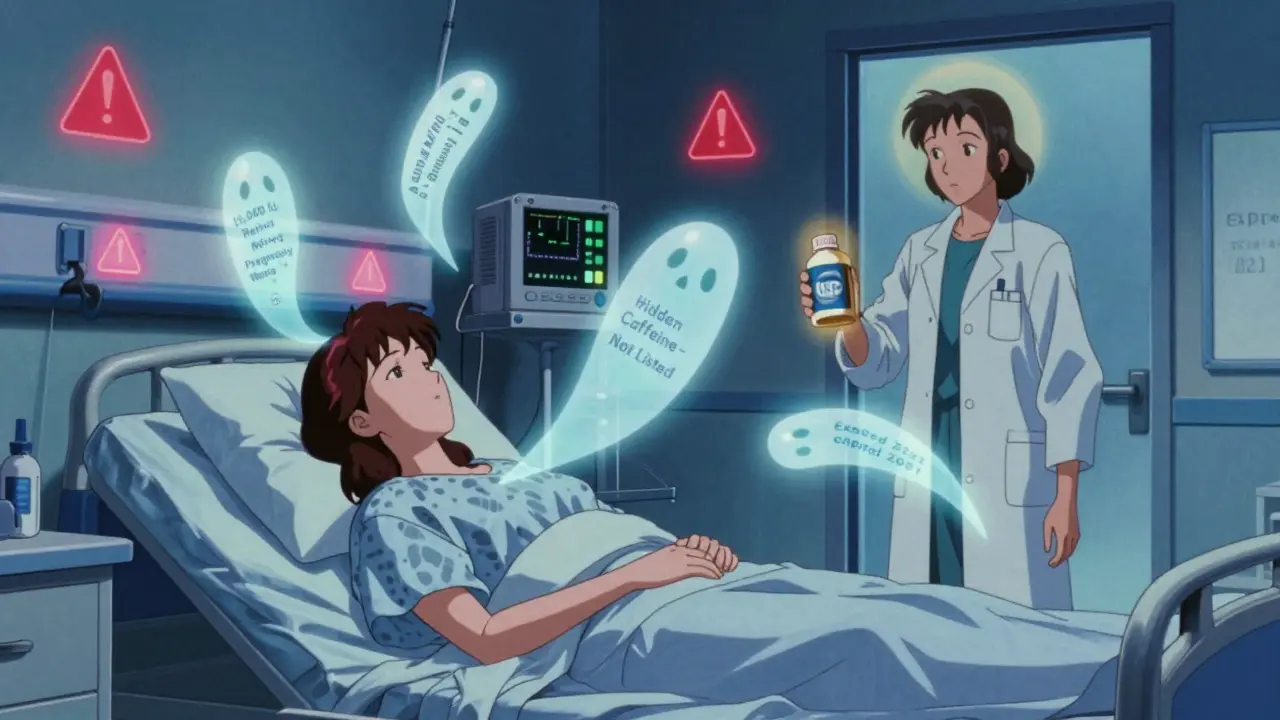 A woman in a hospital bed with ghostly warning labels floating above her, pharmacist standing nearby holding a certified supplement.