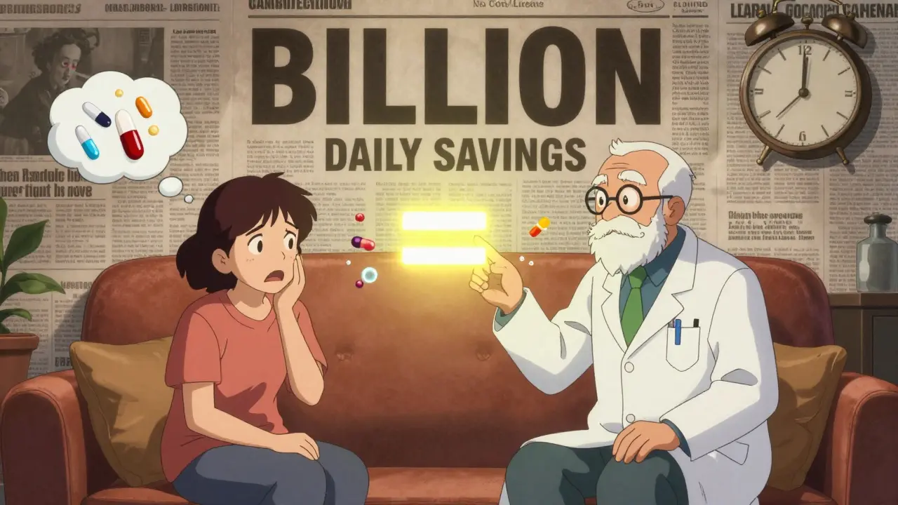 Anxious patient surrounded by fear bubbles, calmed by a pharmacist showing brand and generic as equal.