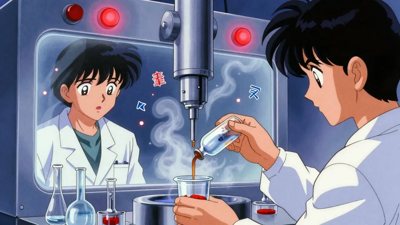 Automated isolator filling vials with glowing warning lights, scientist watching through a curved window.