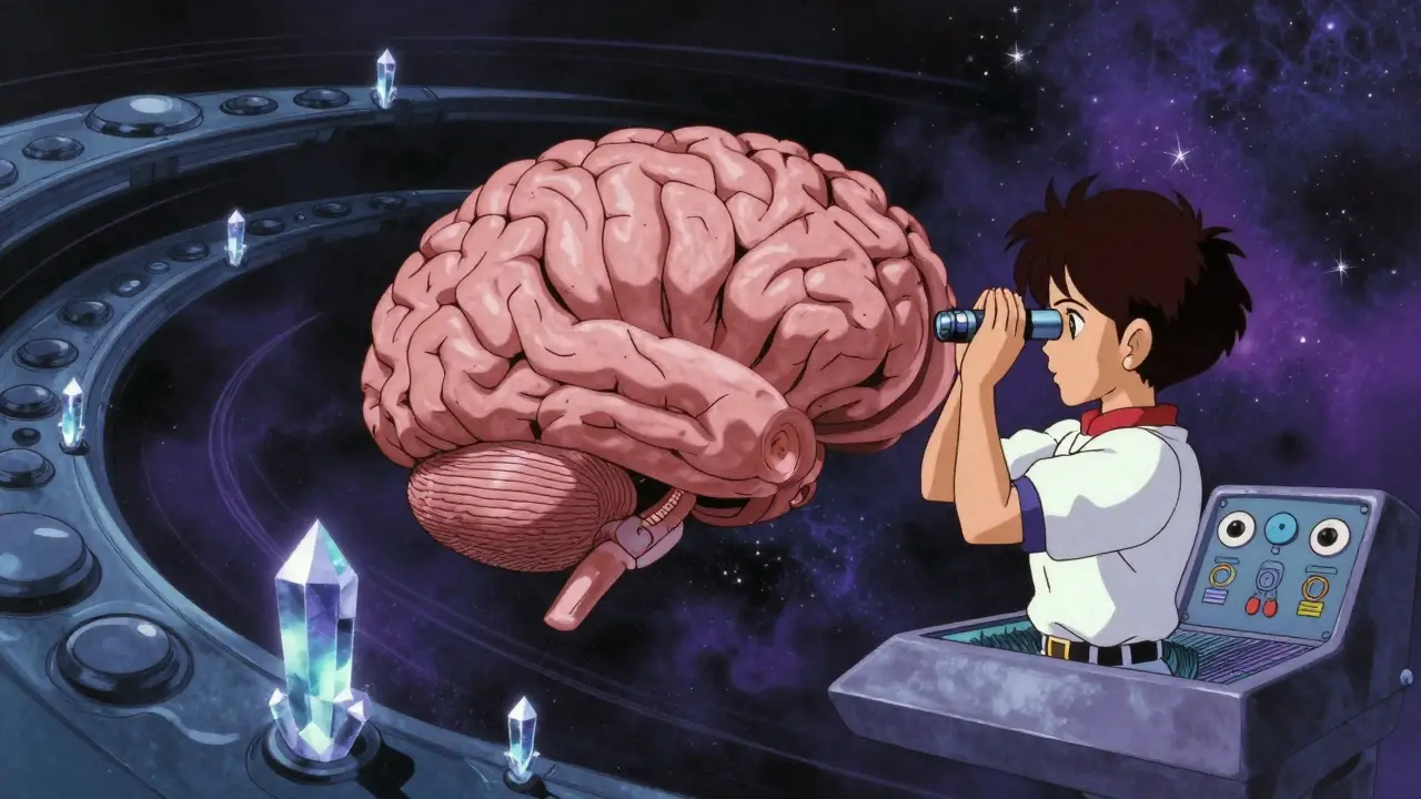 Brain as spaceship navigating inner ear storms with balance control panels.