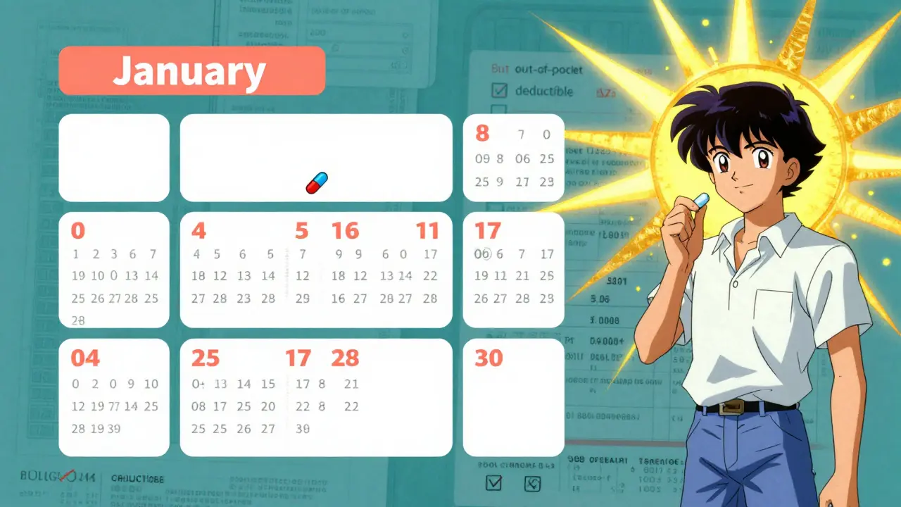 Calendar flipping months with pill icons, ending in golden sun as out-of-pocket max is reached.