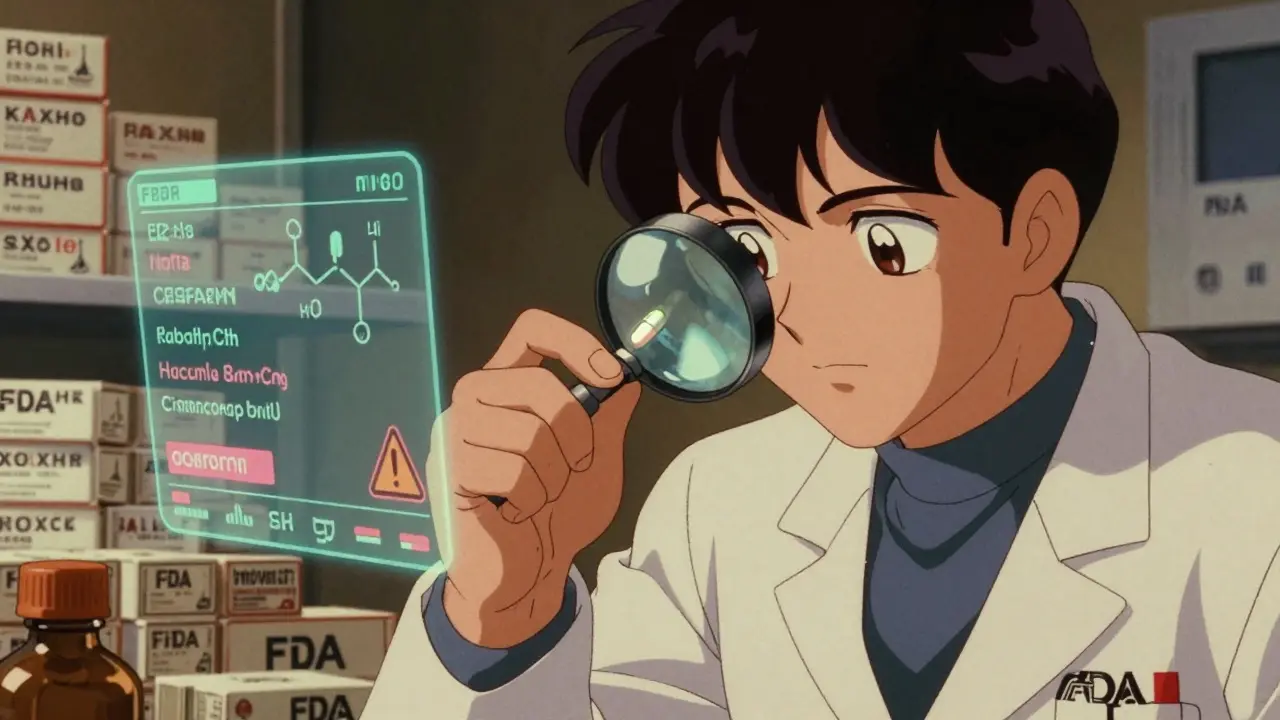 Close-up of a lab technician analyzing a pill with digital readouts and warning symbols in a retro-futuristic lab.