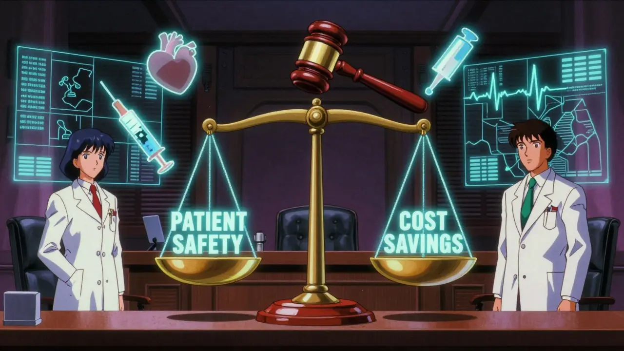 Courtroom scene with a pill-shaped scale balancing patient safety against cost savings.