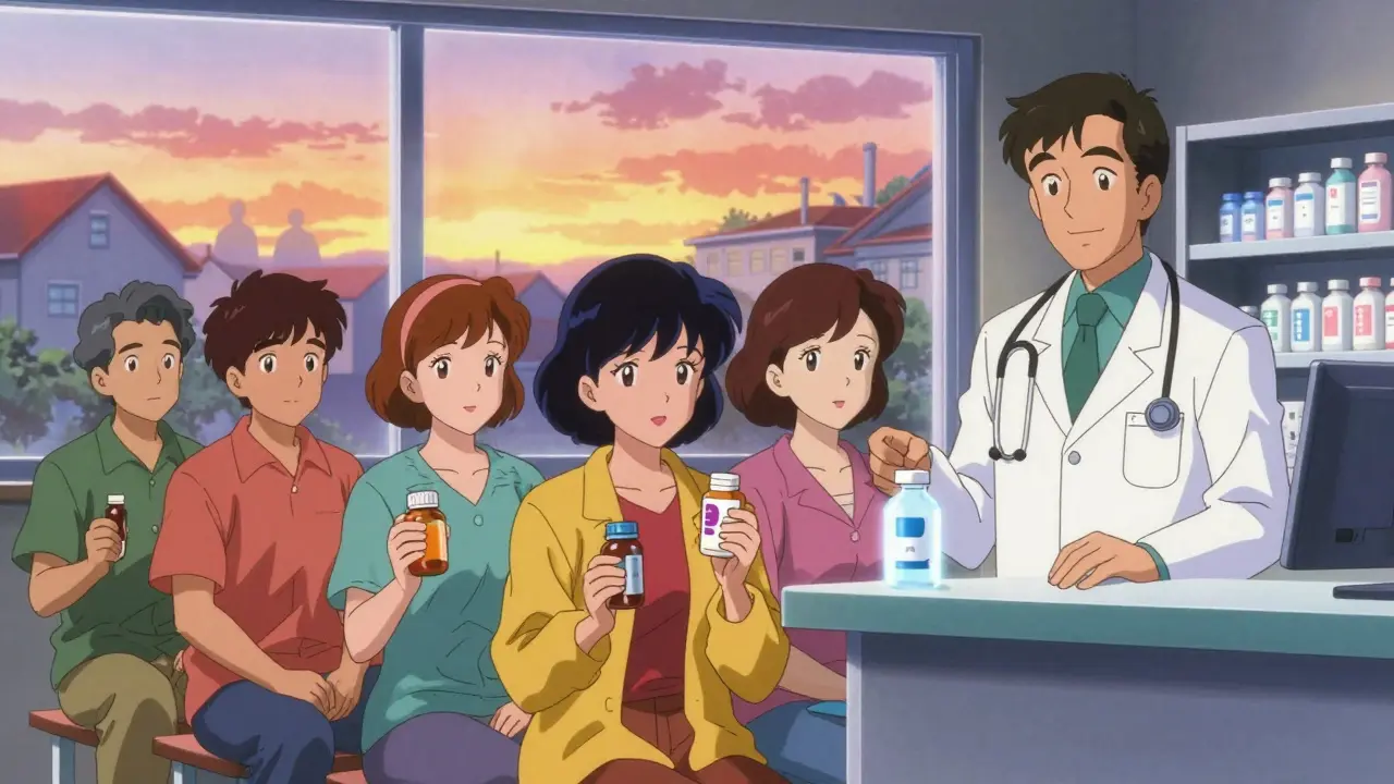 Diverse patients receiving medications from a pharmacist at a community pharmacy at sunset.