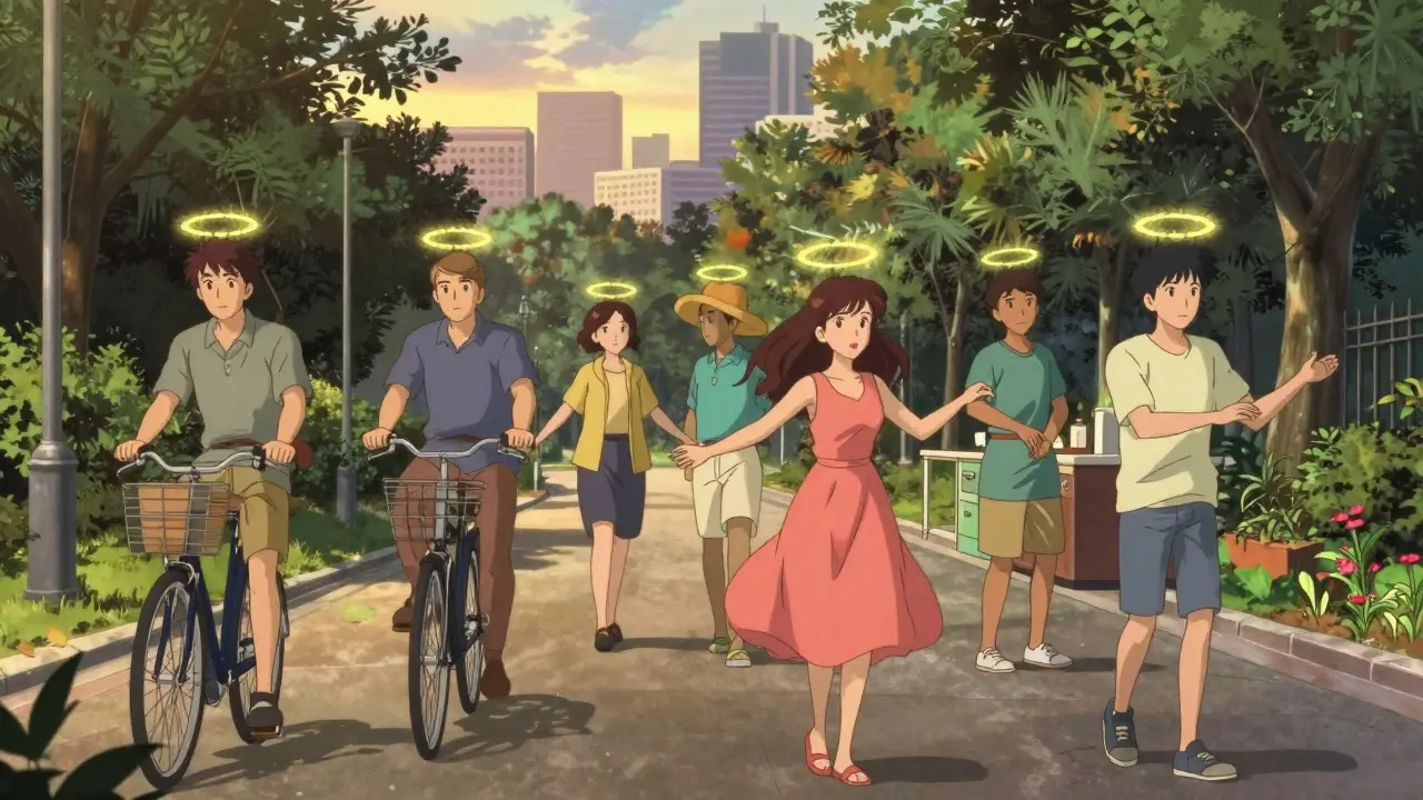 Diverse people walking, cycling, dancing, and gardening in a sunny park and neighborhood