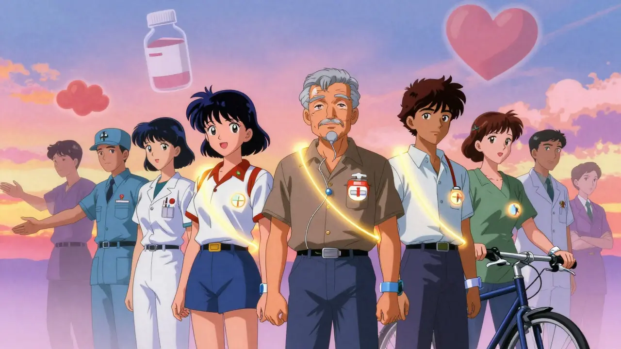 Diverse people wearing medical alert bracelets, glowing softly under sunset with abstract health symbols in background.