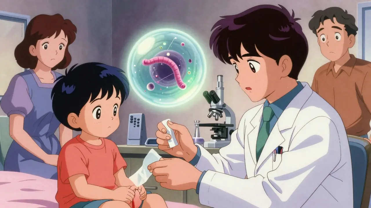 Doctor performing scotch tape test with microscopic eggs floating nearby.