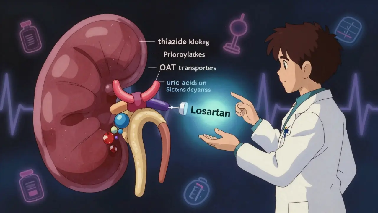 Doctors analyzing a kidney diagram with thiazide and losartan pills glowing in contrasting colors.