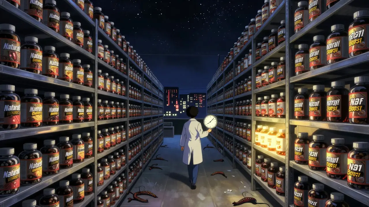 Endless supplement shelves with hidden dangerous ingredients creeping out, one small safe section glows warmly in the dark.