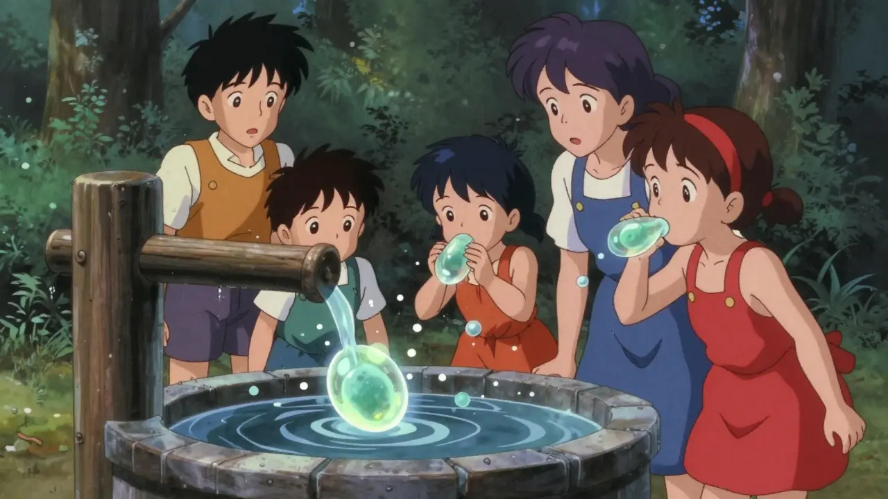 Family drinking from a well with glowing giardia cysts in the water.