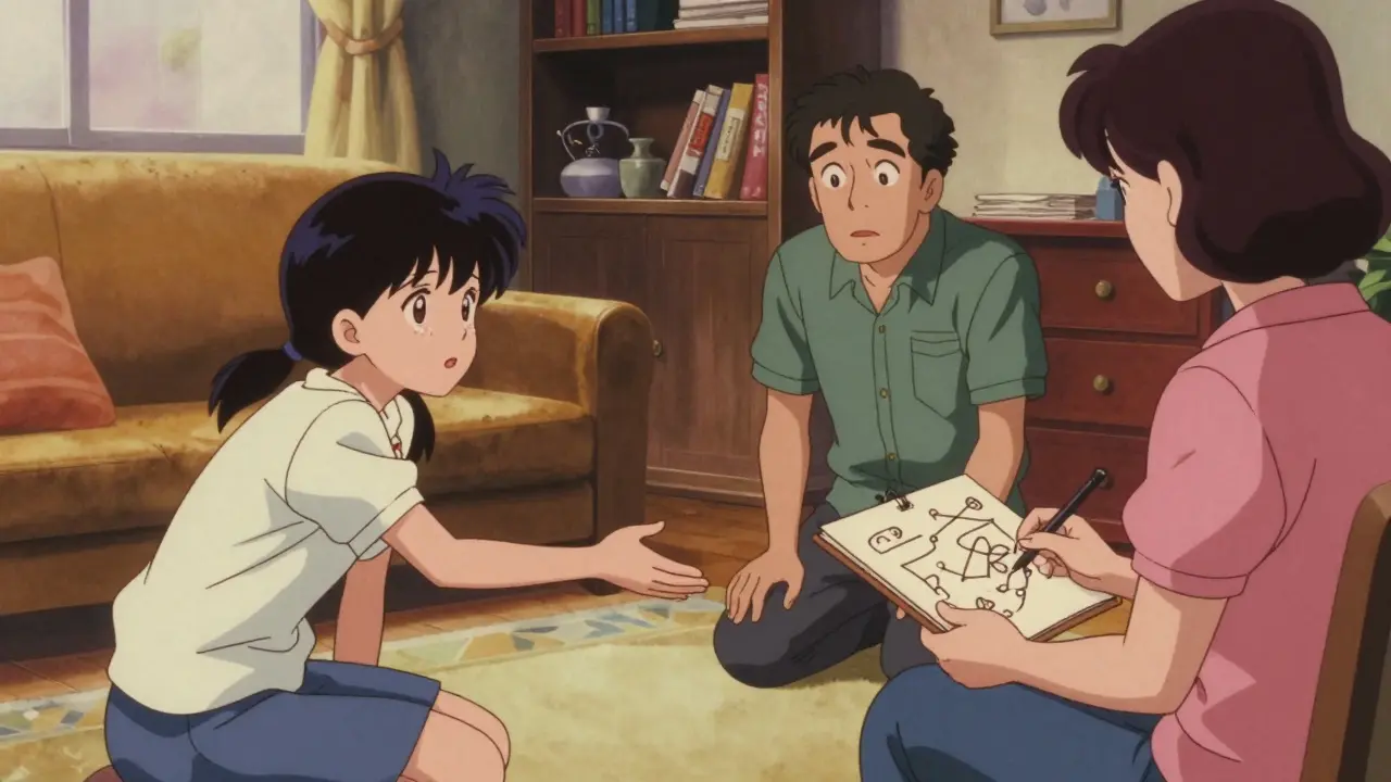 Family in therapy session, teen crying as parents reach out, warm lighting, 1980s anime aesthetic.